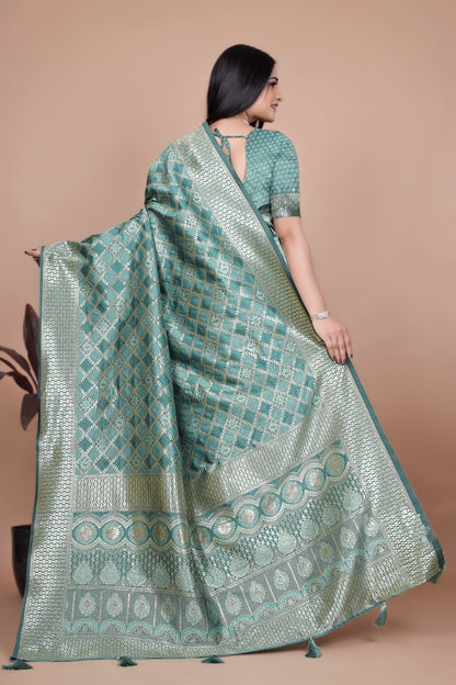 Elegant Rama Green Banarasi Silk Saree with Silver Geometric and Floral Zari Work