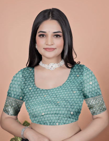 Elegant Rama Green Banarasi Silk Saree with Silver Geometric and Floral Zari Work