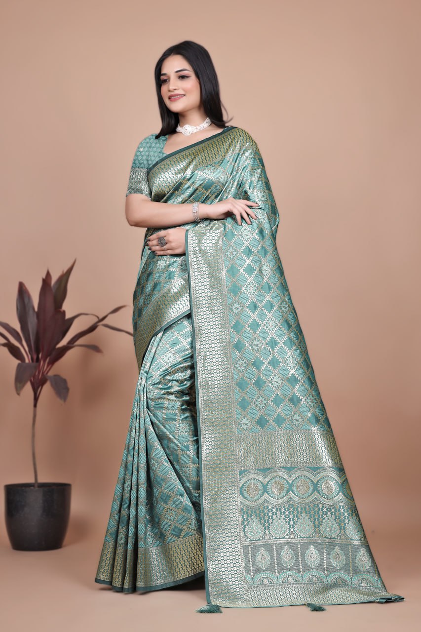 Elegant Rama Green Banarasi Silk Saree with Silver Geometric and Floral Zari Work