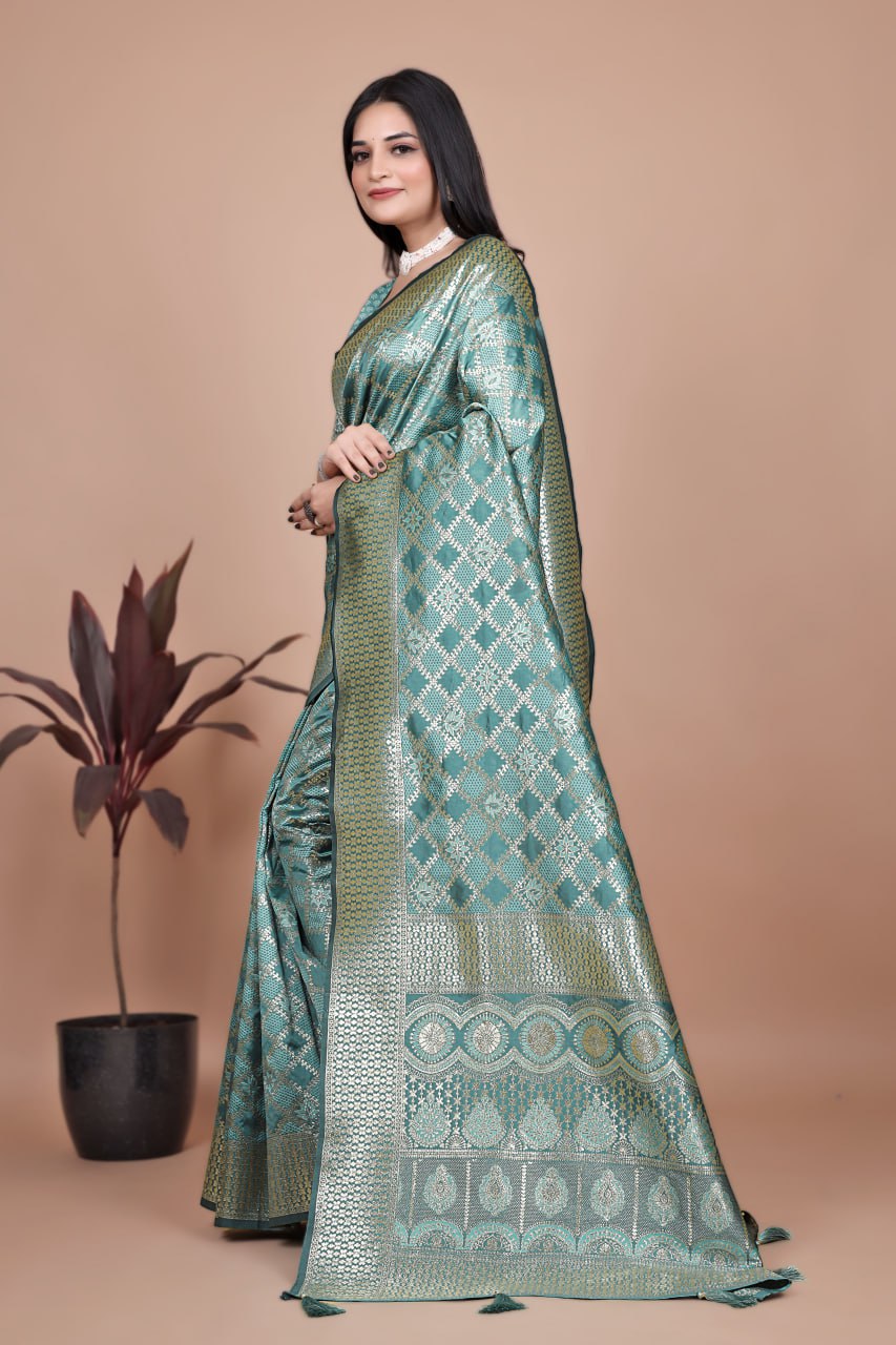 Elegant Rama Green Banarasi Silk Saree with Silver Geometric and Floral Zari Work