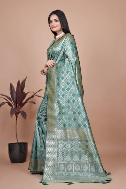 Elegant Rama Green Banarasi Silk Saree with Silver Geometric and Floral Zari Work