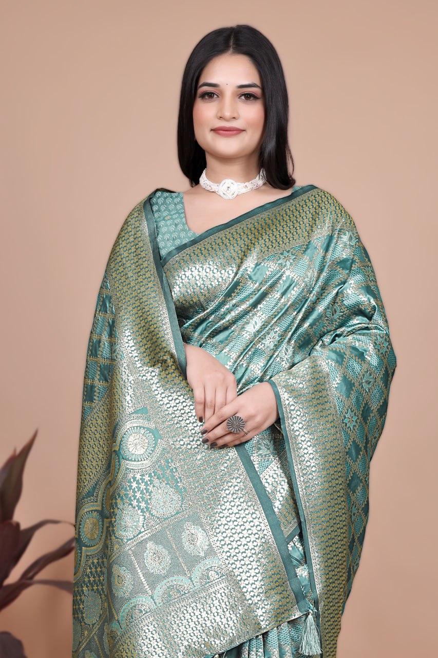 Elegant Rama Green Banarasi Silk Saree with Silver Geometric and Floral Zari Work