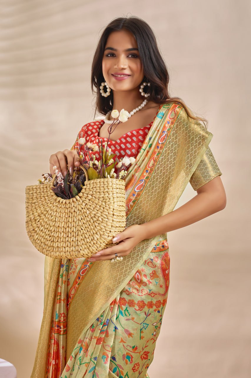 Soft Silk Saree with Traditional Paisley Floral Print and Zari Border