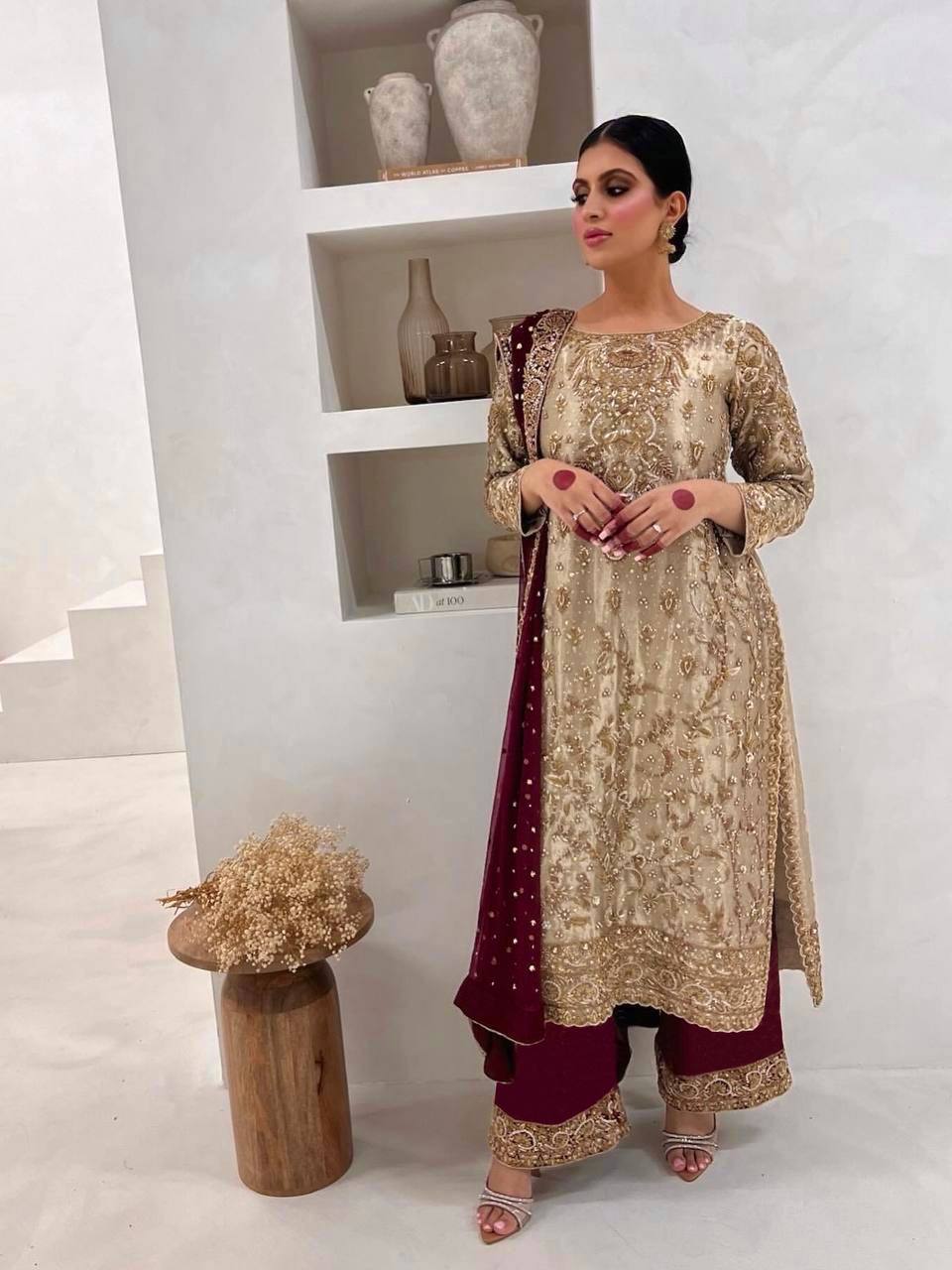 Graceful Beige Embroidered Festive Suit Set