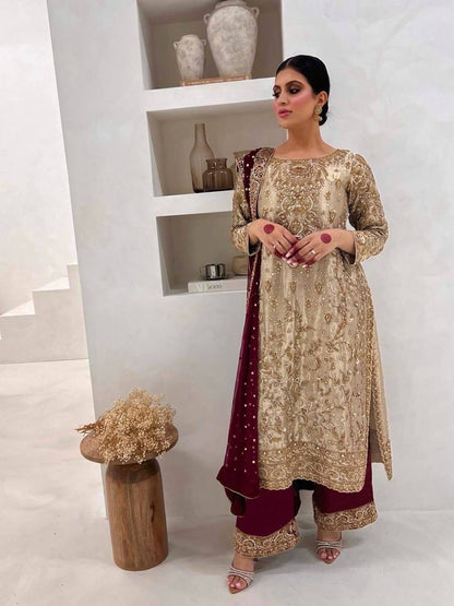 Graceful Beige Embroidered Festive Suit Set