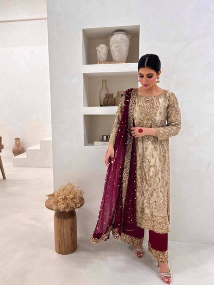 Graceful Beige Embroidered Festive Suit Set