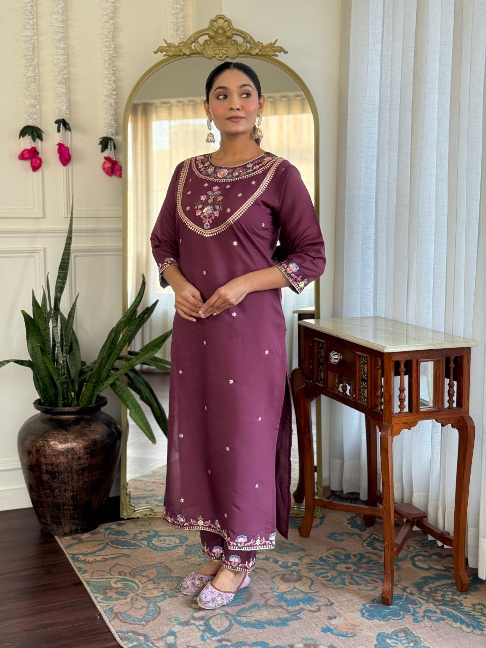 Plum Floral Embroidered Kurta Pant Suit Set