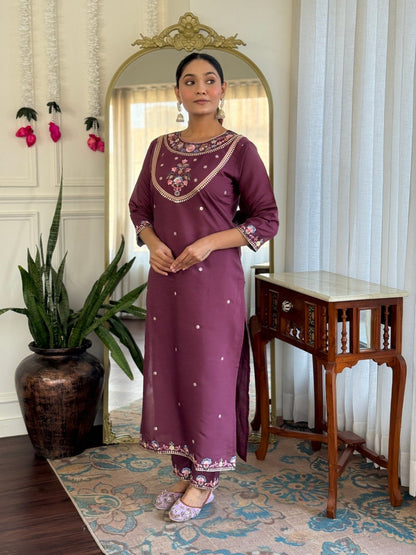 Plum Floral Embroidered Kurta Pant Suit Set