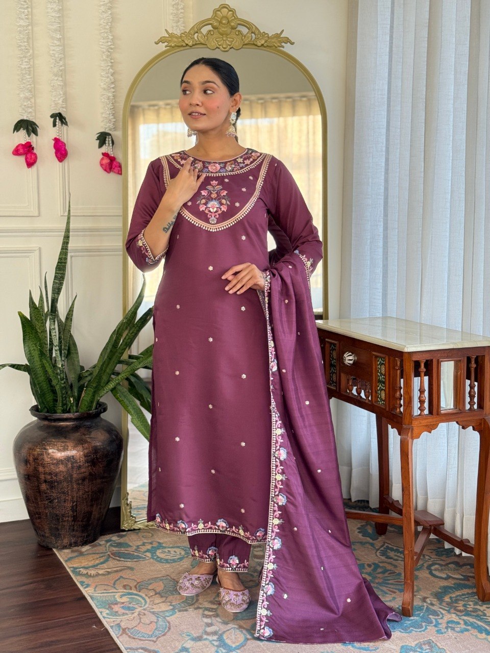 Plum Floral Embroidered Kurta Pant Suit Set