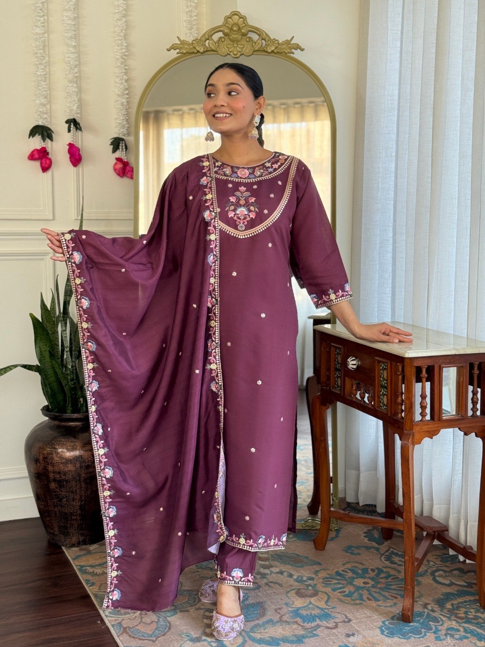 Plum Floral Embroidered Kurta Pant Suit Set
