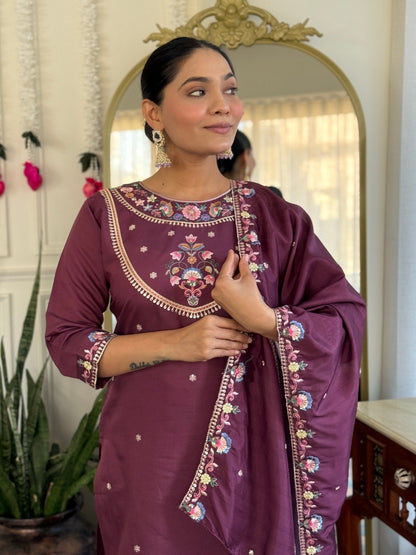 Plum Floral Embroidered Kurta Pant Suit Set