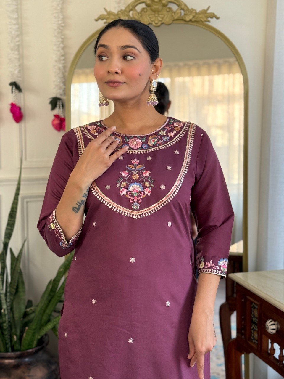 Plum Floral Embroidered Kurta Pant Suit Set