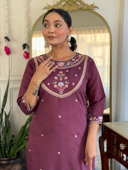 Plum Floral Embroidered Kurta Pant Suit Set