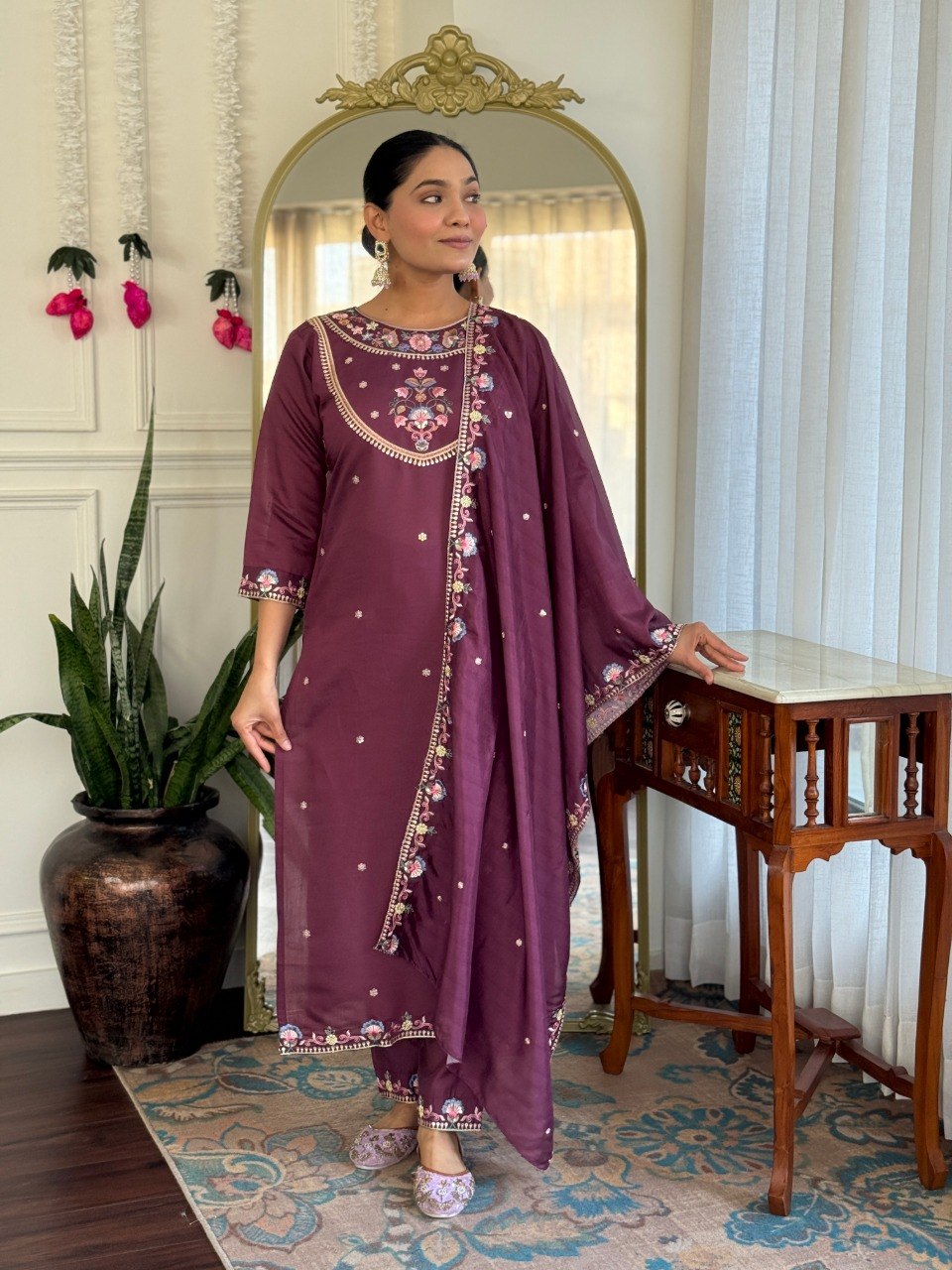 Plum Floral Embroidered Kurta Pant Suit Set