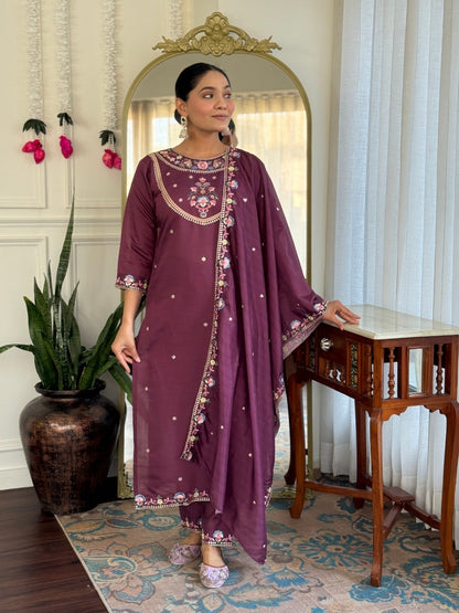 Plum Floral Embroidered Kurta Pant Suit Set