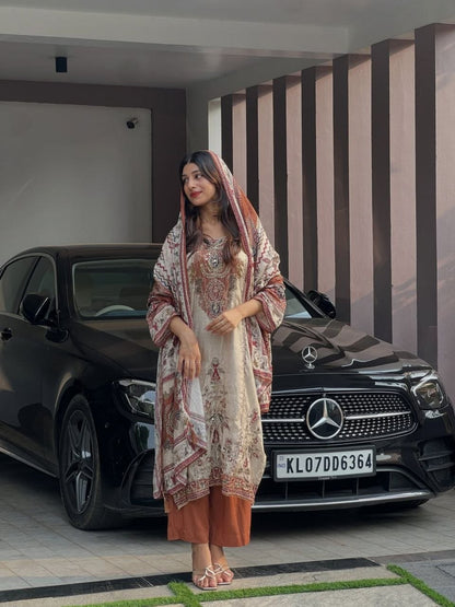 Georgeous Cream & Brown Printed Kurta Pant Set with Designer Dupatta for Women