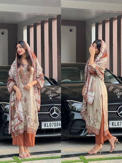 Georgeous Cream & Brown Printed Kurta Pant Set with Designer Dupatta for Women