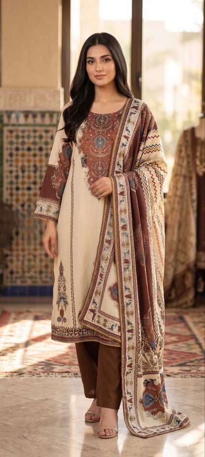 Georgeous Cream & Brown Printed Kurta Pant Set with Designer Dupatta for Women