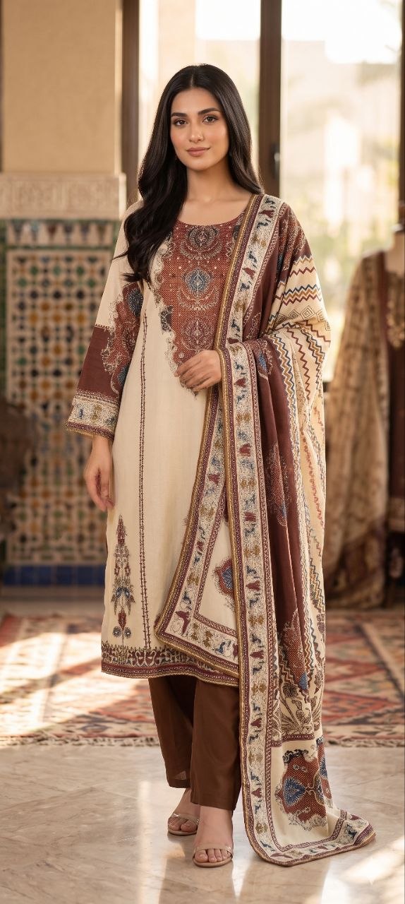 Georgeous Cream & Brown Printed Kurta Pant Set with Designer Dupatta for Women
