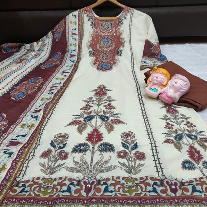 Georgeous Cream & Brown Printed Kurta Pant Set with Designer Dupatta for Women