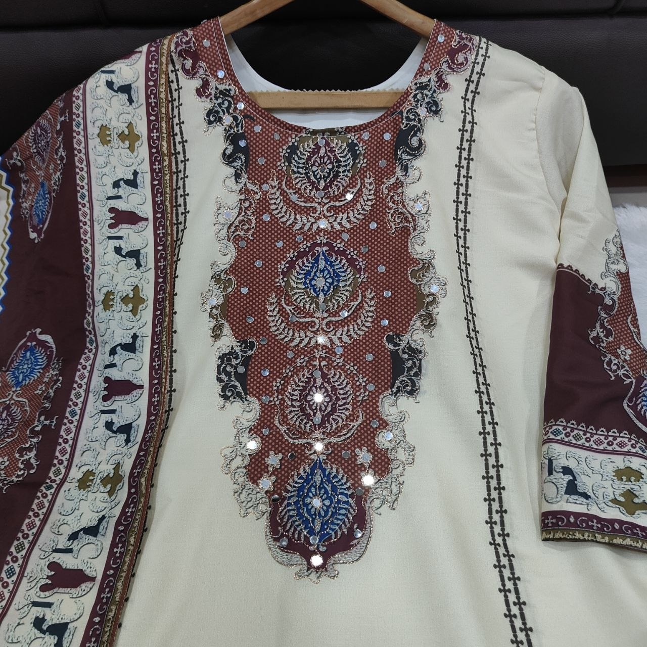 Georgeous Cream & Brown Printed Kurta Pant Set with Designer Dupatta for Women