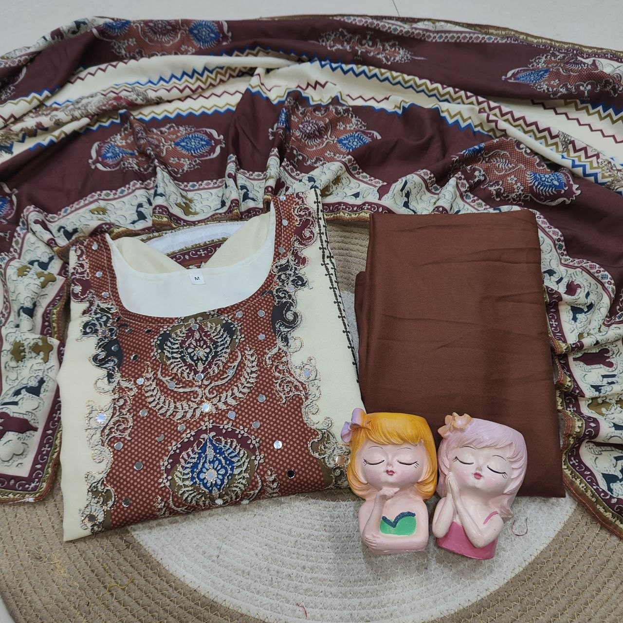 Georgeous Cream & Brown Printed Kurta Pant Set with Designer Dupatta for Women