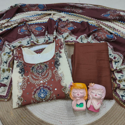 Georgeous Cream & Brown Printed Kurta Pant Set with Designer Dupatta for Women