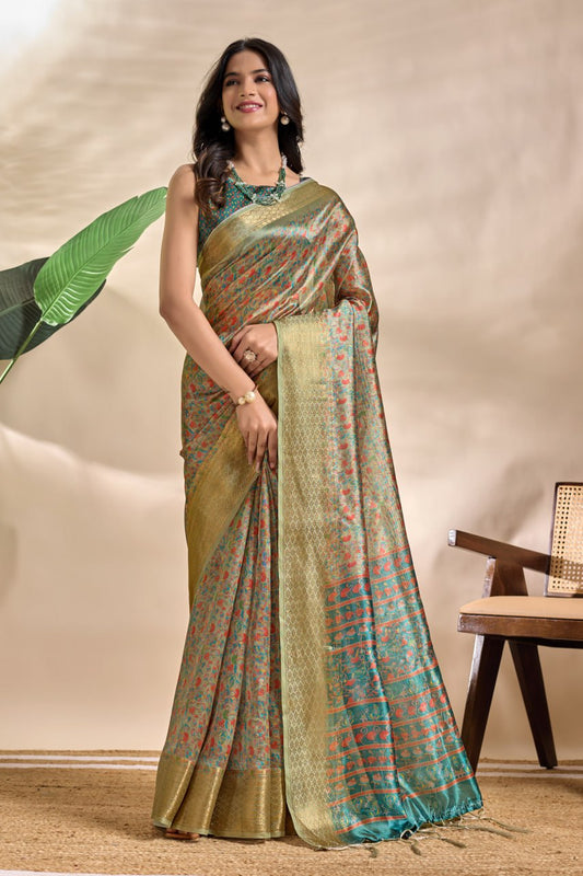 Trendy Olive-Green Soft Silk Blend Saree with Traditional Pallu & Floral Body