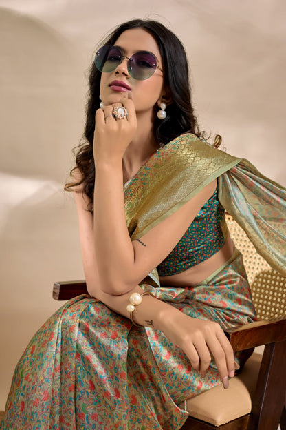 Trendy Olive-Green Soft Silk Blend Saree with Traditional Pallu & Floral Body