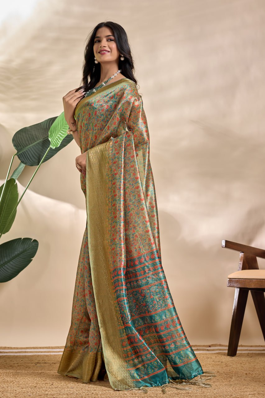 Trendy Olive-Green Soft Silk Blend Saree with Traditional Pallu & Floral Body