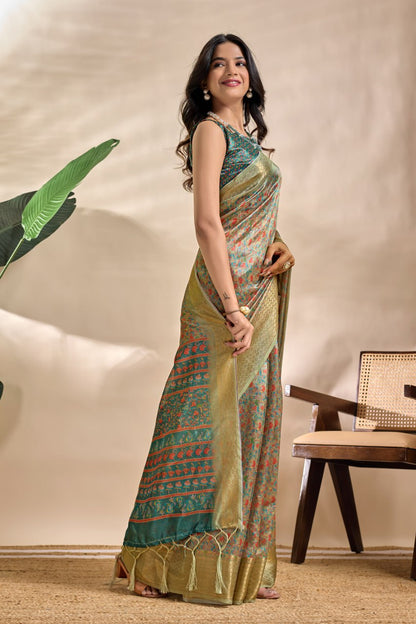 Trendy Olive-Green Soft Silk Blend Saree with Traditional Pallu & Floral Body