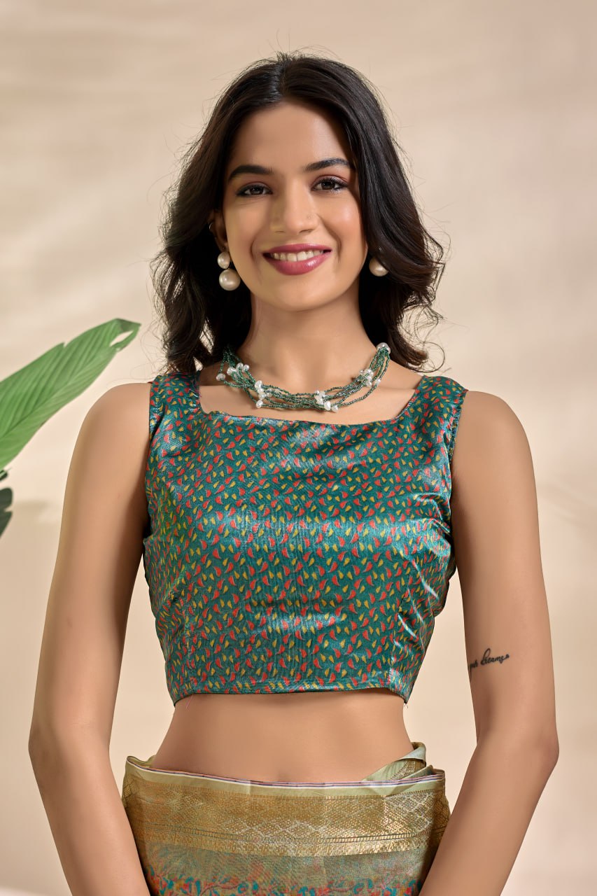 Trendy Olive-Green Soft Silk Blend Saree with Traditional Pallu & Floral Body
