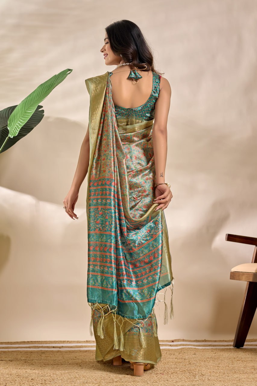 Trendy Olive-Green Soft Silk Blend Saree with Traditional Pallu & Floral Body
