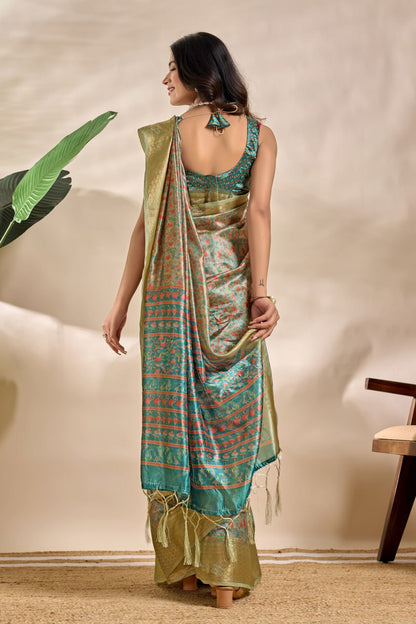 Trendy Olive-Green Soft Silk Blend Saree with Traditional Pallu & Floral Body