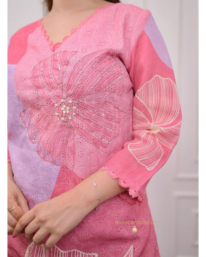 Rosé Bloom Floral Print Stitched Kurta Pant & Kota Doria Dupatta Set for Women