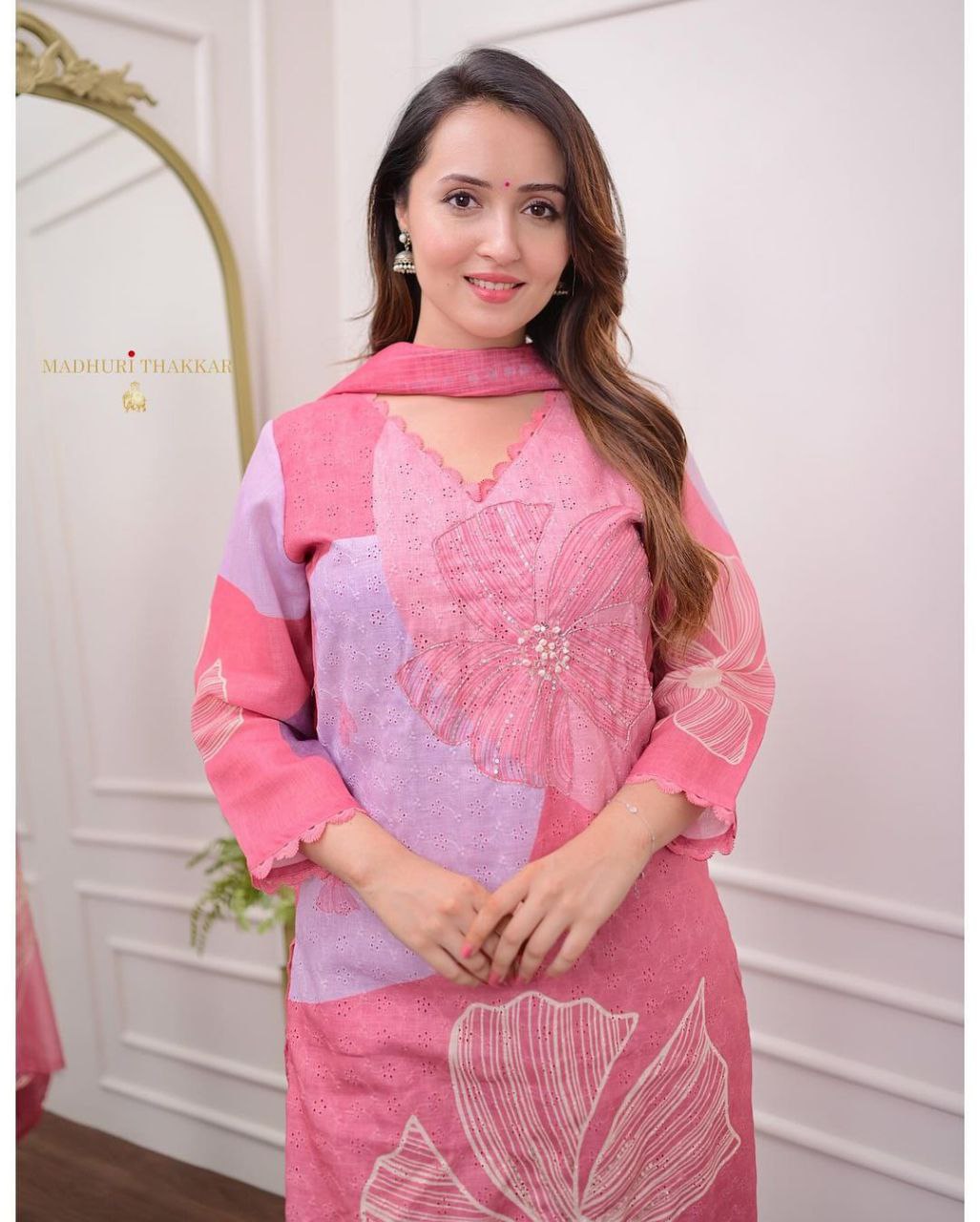 Rosé Bloom Floral Print Stitched Kurta Pant & Kota Doria Dupatta Set for Women