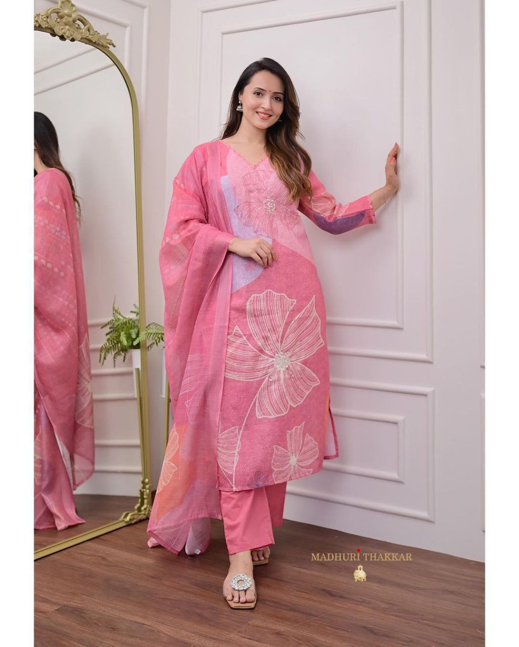 Rosé Bloom Floral Print Stitched Kurta Pant & Kota Doria Dupatta Set for Women