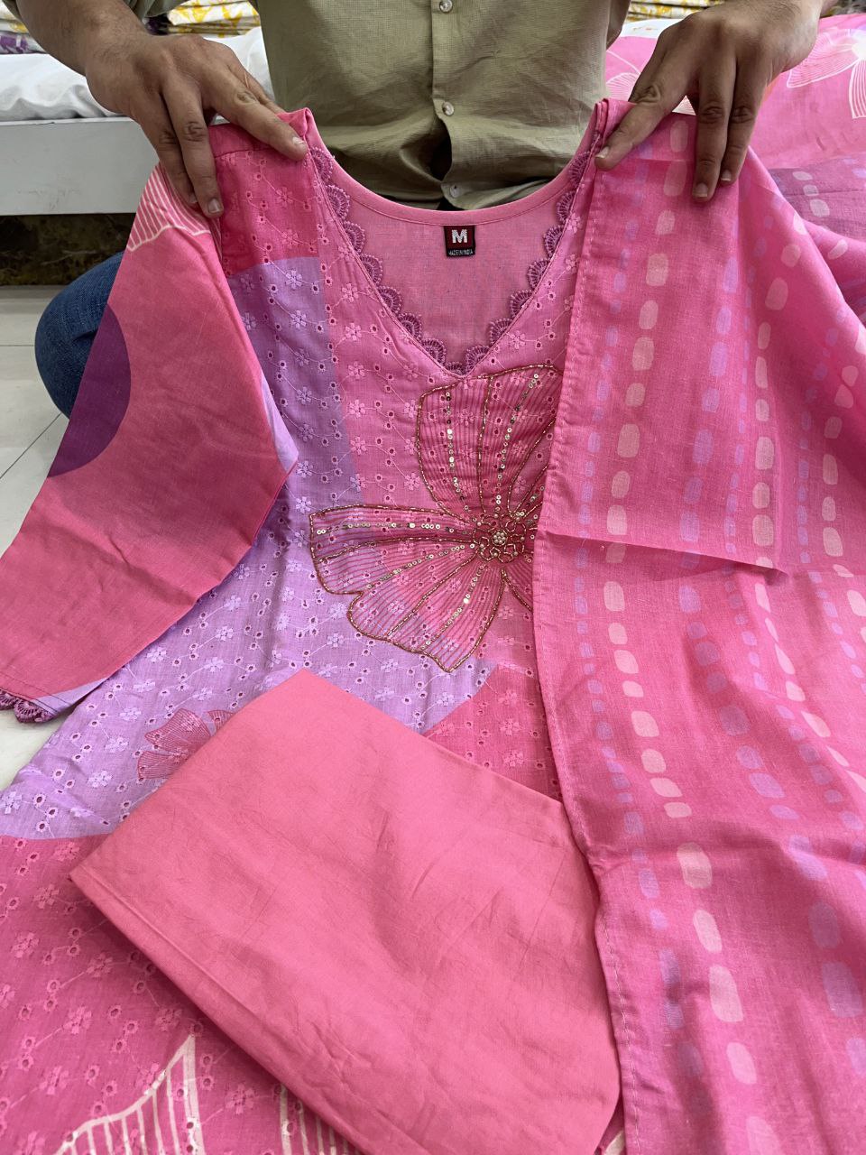 Rosé Bloom Floral Print Stitched Kurta Pant & Kota Doria Dupatta Set for Women