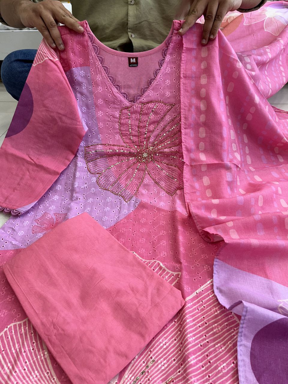 Rosé Bloom Floral Print Stitched Kurta Pant & Kota Doria Dupatta Set for Women