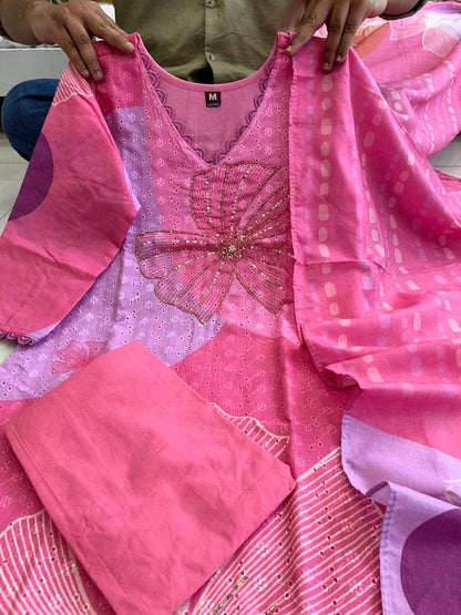 Rosé Bloom Floral Print Stitched Kurta Pant & Kota Doria Dupatta Set for Women
