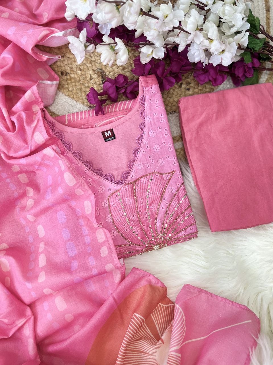 Rosé Bloom Floral Print Stitched Kurta Pant & Kota Doria Dupatta Set for Women