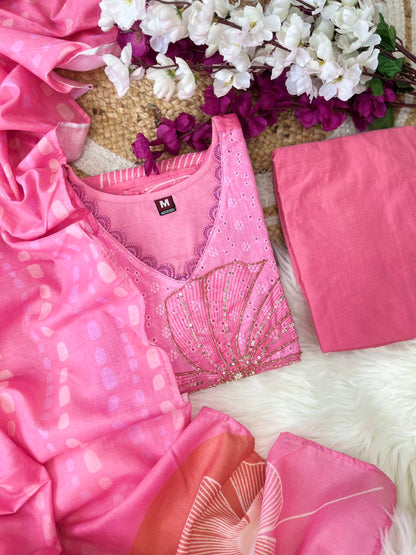 Rosé Bloom Floral Print Stitched Kurta Pant & Kota Doria Dupatta Set for Women