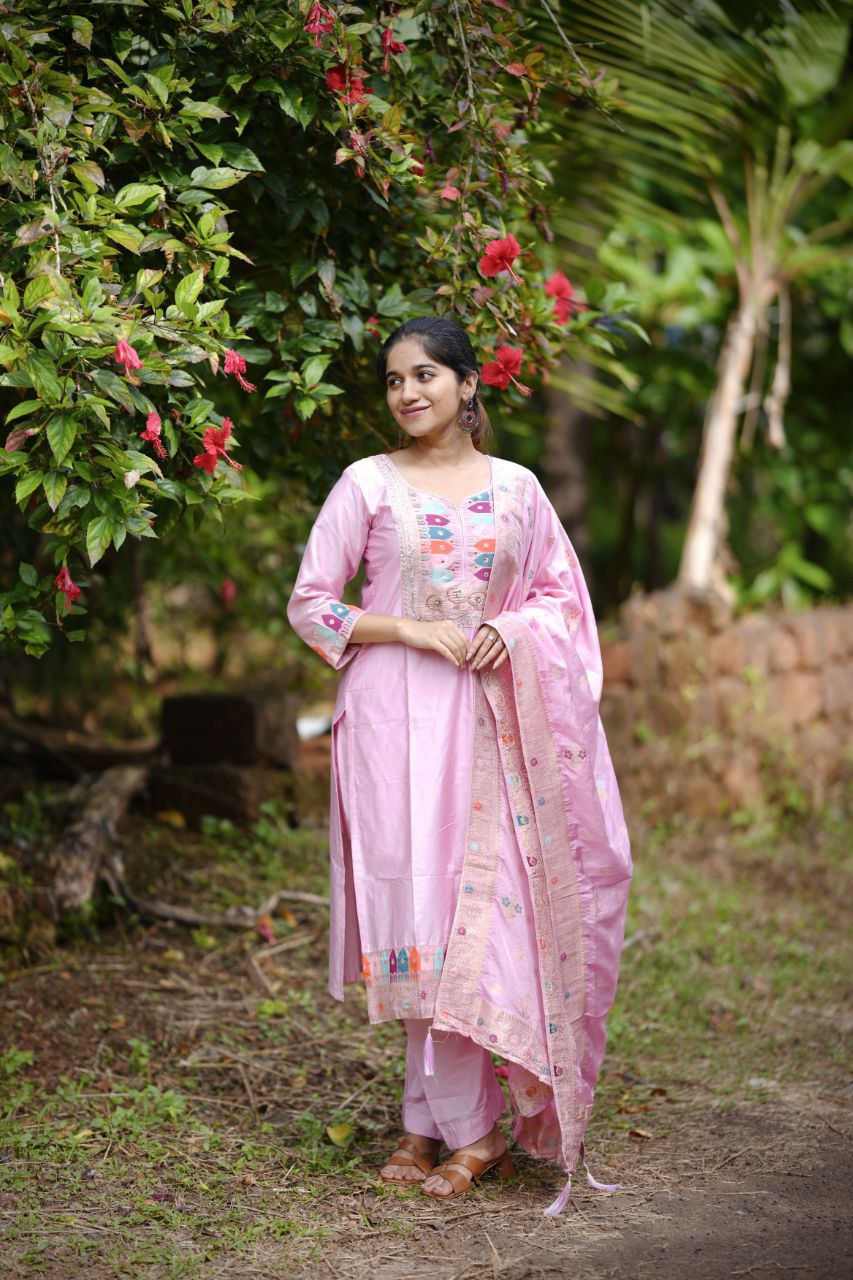 Elegant Baby Pink Embroidered  Stitched Kurta Pant & Designer Dupatta Set for Women