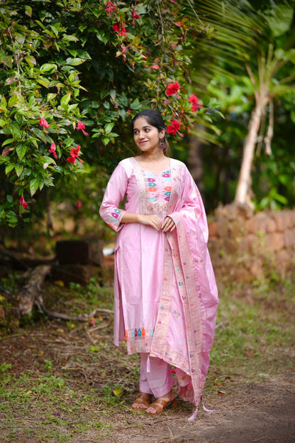 Elegant Baby Pink Embroidered  Stitched Kurta Pant & Designer Dupatta Set for Women