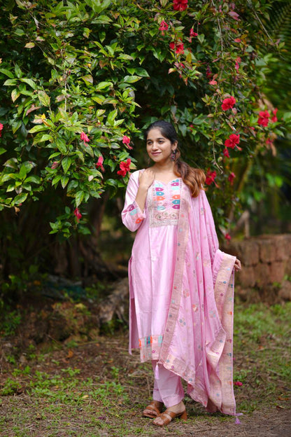 Elegant Baby Pink Embroidered  Stitched Kurta Pant & Designer Dupatta Set for Women