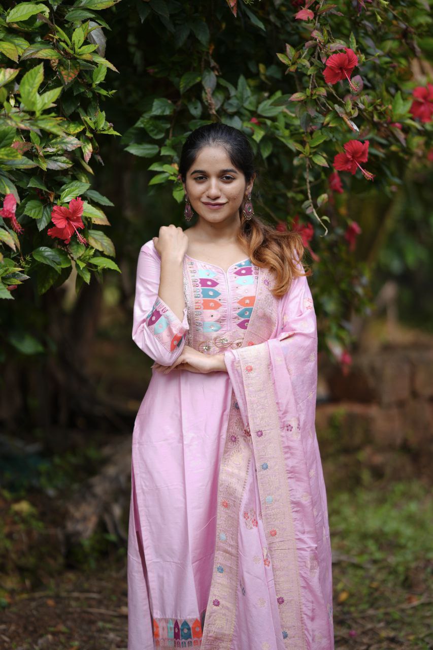 Elegant Baby Pink Embroidered  Stitched Kurta Pant & Designer Dupatta Set for Women