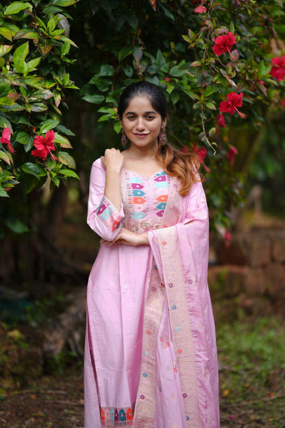 Elegant Baby Pink Embroidered  Stitched Kurta Pant & Designer Dupatta Set for Women