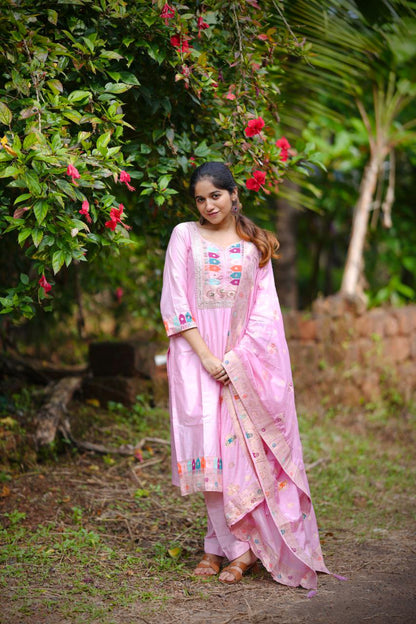 Elegant Baby Pink Embroidered  Stitched Kurta Pant & Designer Dupatta Set for Women