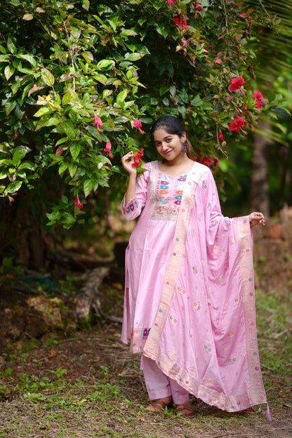Elegant Baby Pink Embroidered  Stitched Kurta Pant & Designer Dupatta Set for Women