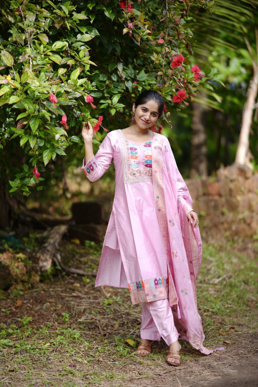 Elegant Baby Pink Embroidered  Stitched Kurta Pant & Designer Dupatta Set for Women
